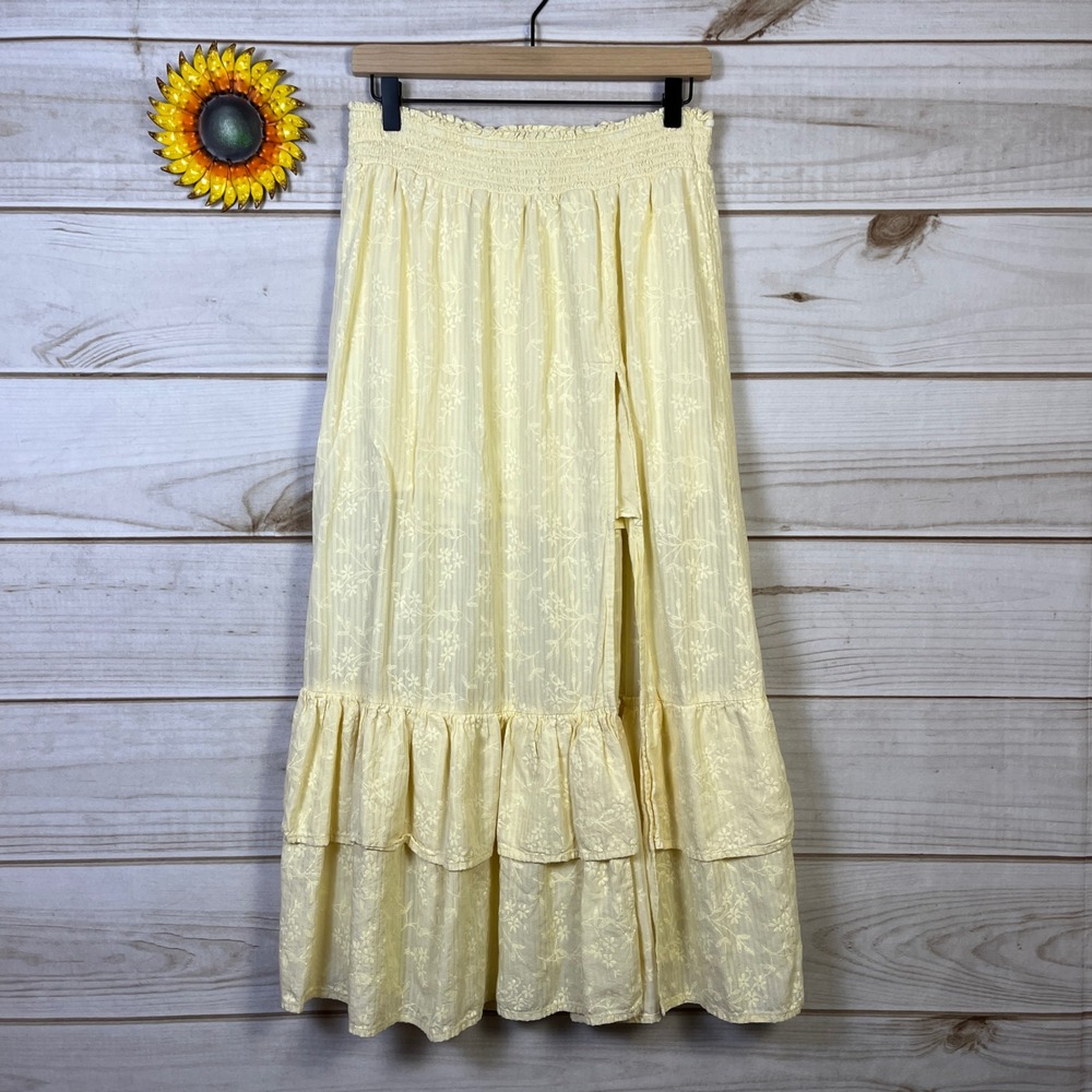 Urban Outfitters Yellow Cream Maxi Skirt Smocked Waist Tiered Ruffle L Boho